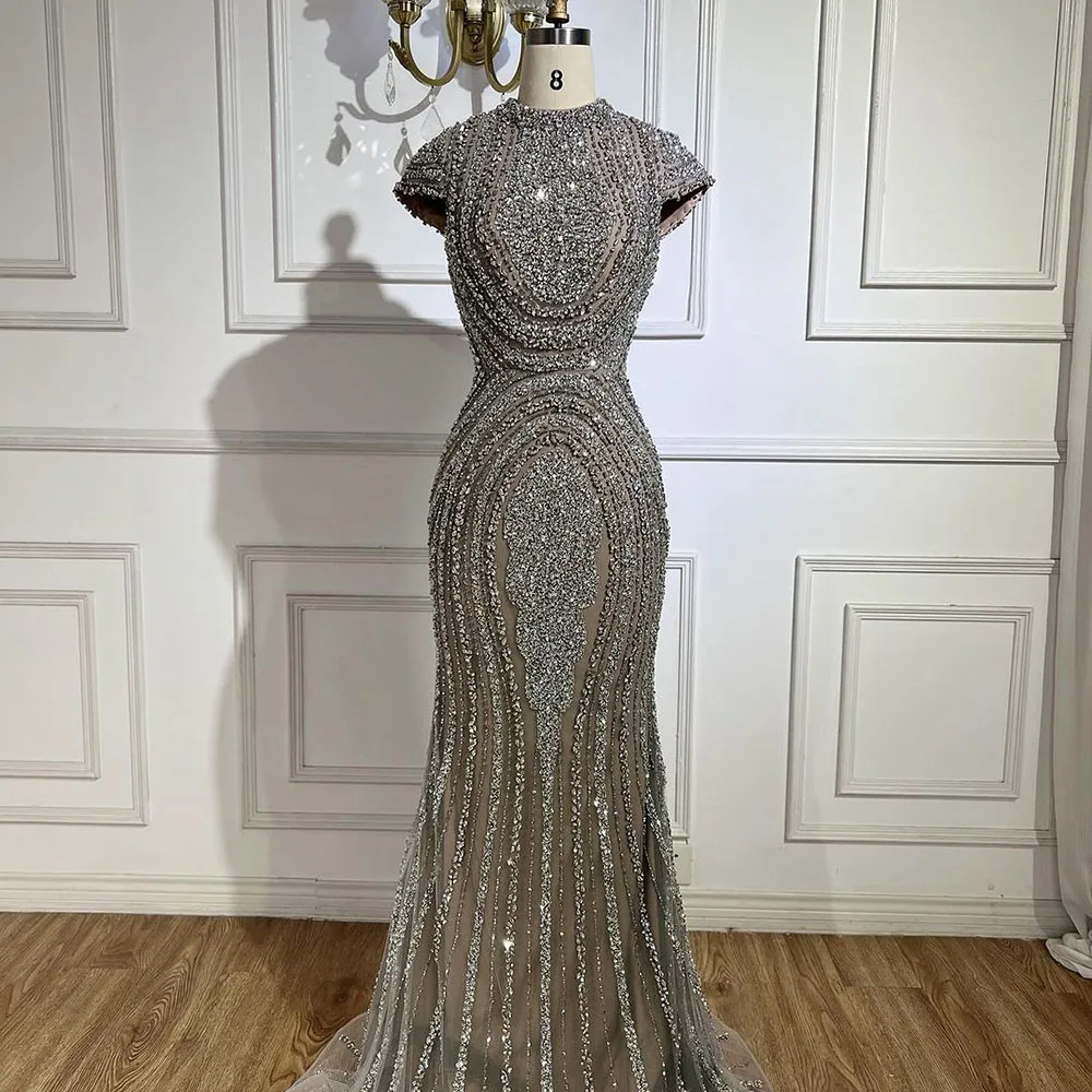 Silver Nude Cap Sleeve High Neck Mermaid Heavy Beaded Sparkle Evening Dress Serene Hill LA72344 Party Gown For Women