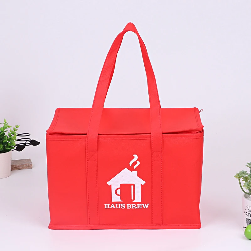 Red Minimalist Design Eco-Friendly Reusable Non Woven Cooler Bag for Picnic Takeaway