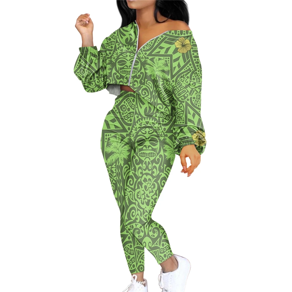 Most Popular Ladies Polynesian Print Clothing Custom Women Long Sleeves And Trousers High Waist Tight Leggings Pant Suit Outfits