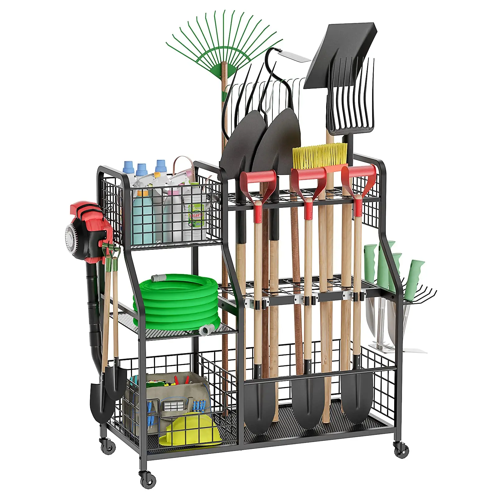 Outdoor Garden Tool Storage Rack Yard Tool Holder Trolley Cart Organizer Versatile Metal Garden Tool Organizer