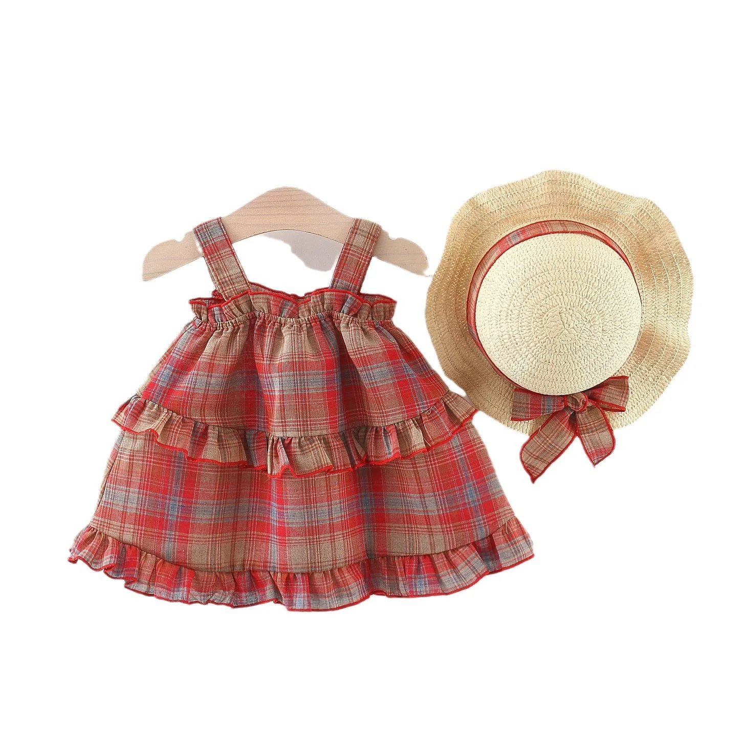 2024 new summer red plaid thousand-layer suspender skirt comes with the same straw hat