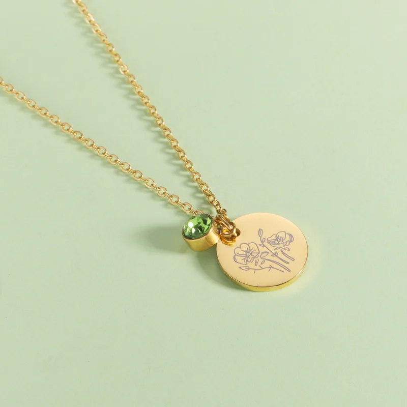 Customized Name Stainless Steel Birth Flower Pendant Necklace 18K Gold Plating 12 Birth Stones Flower Coins Charm Necklace