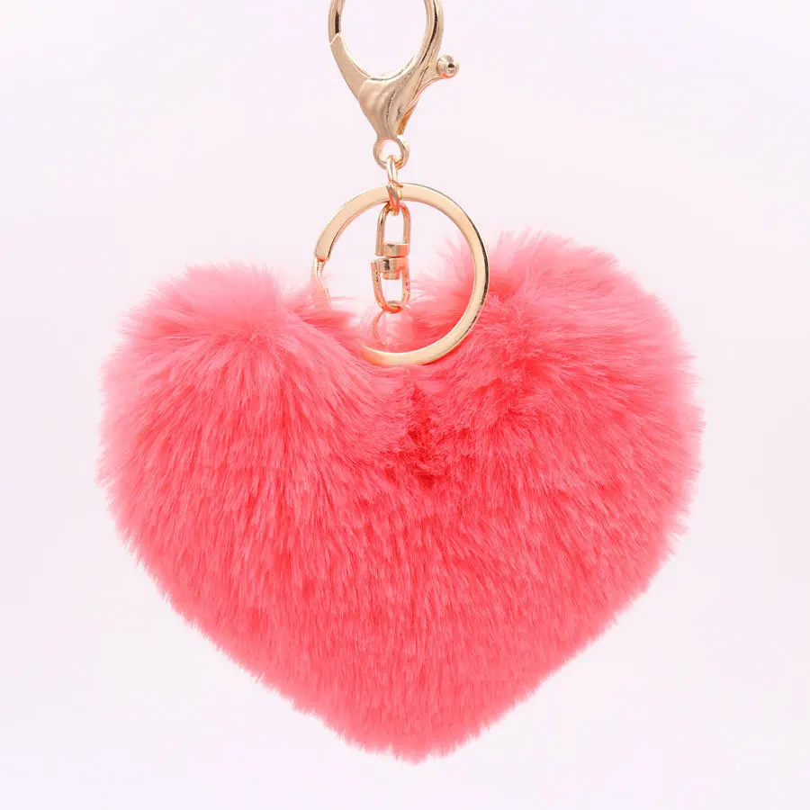 Fashion Love Heart Plush Artificial Rex Rabbit Fur Ball Key Chain PomPon Keychains for Women Car Bag KeyRing Christmas
