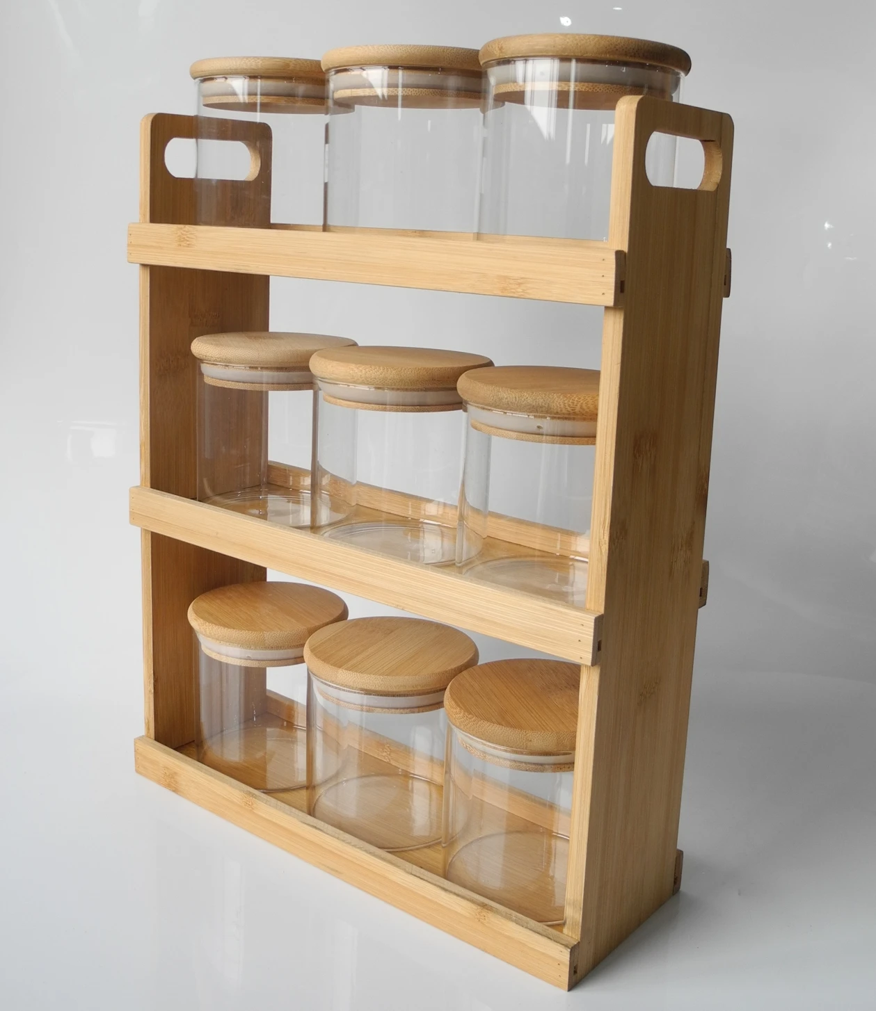3 tier 9 pcs high borosilicate glass storage jars set with bamboo lid and spoon