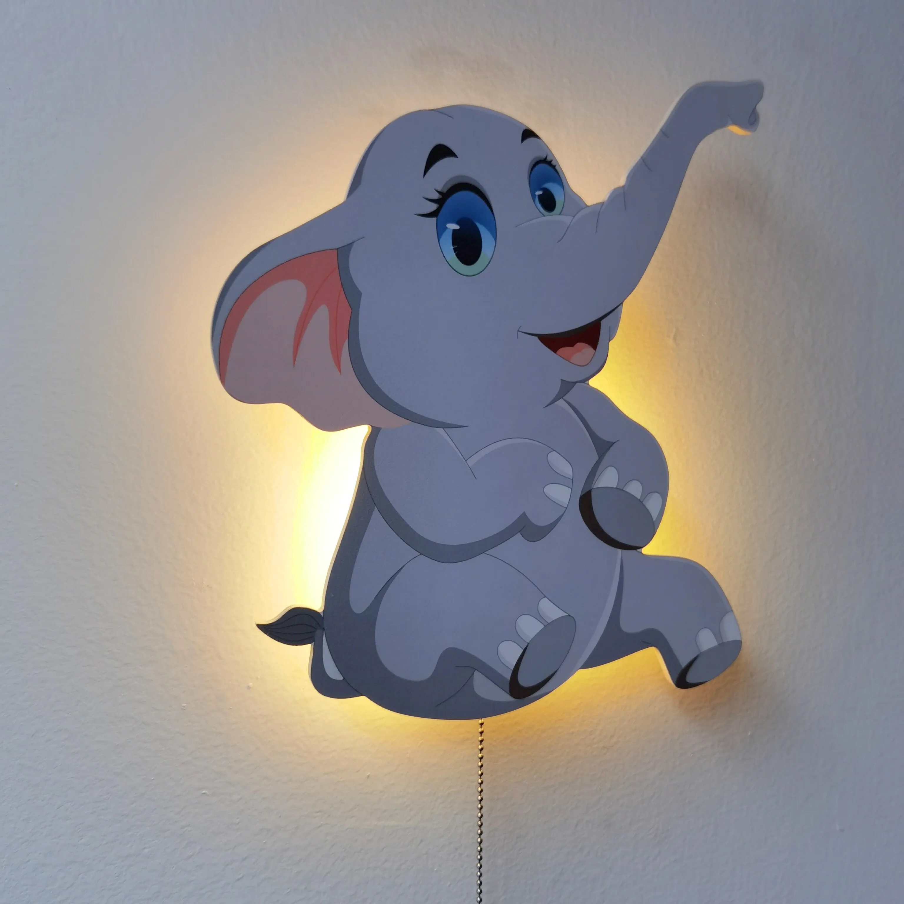 Cute Elephant Wooden Wall Decor With Light LED Nursery Wall Light AA Battery Operated Pull Chain Switch For Kids And Baby Room