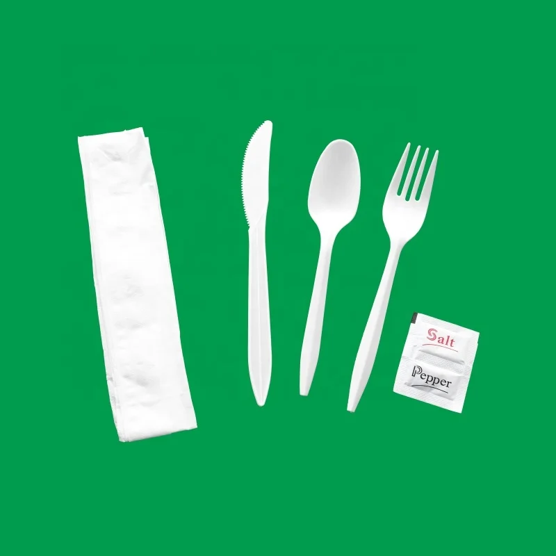 
Plastic cutlery set knife fork spoon all in one to go kits economic weight wrapped with napkin and salt and pepper packets 