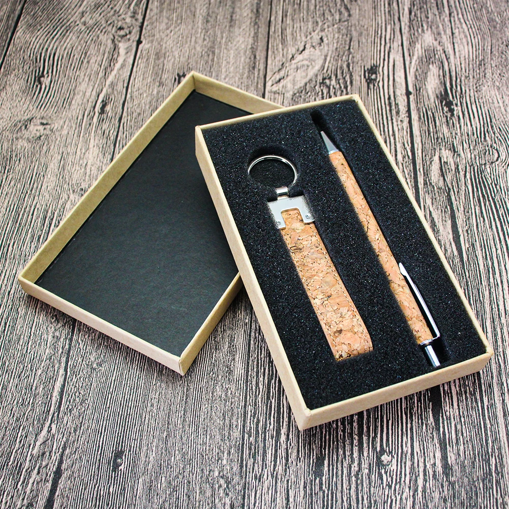 Boshiho Promotional office signature cork ball-point pen keychain gift set with custom recycled cork pen gifts for business