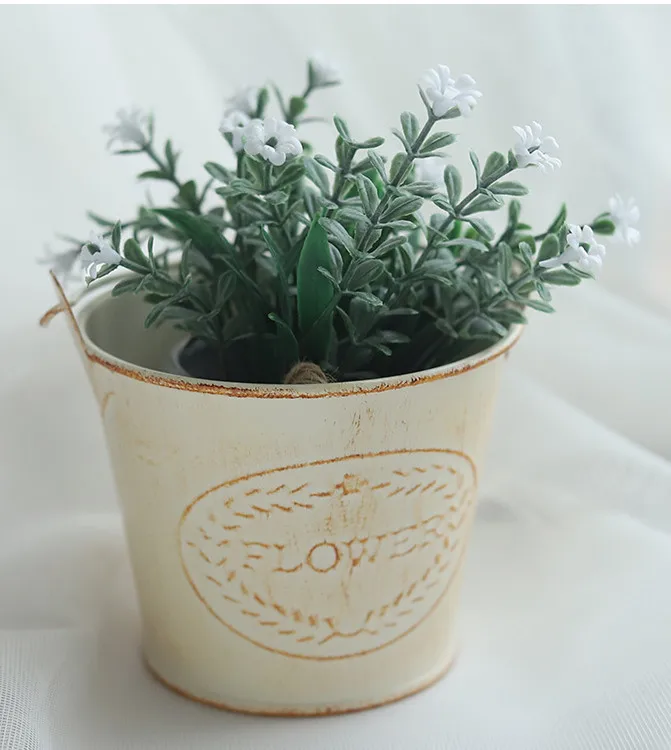 Grocery metal crafts retro distressed beige mini iron bucket succulent plant pots gardening accessories garden supplies