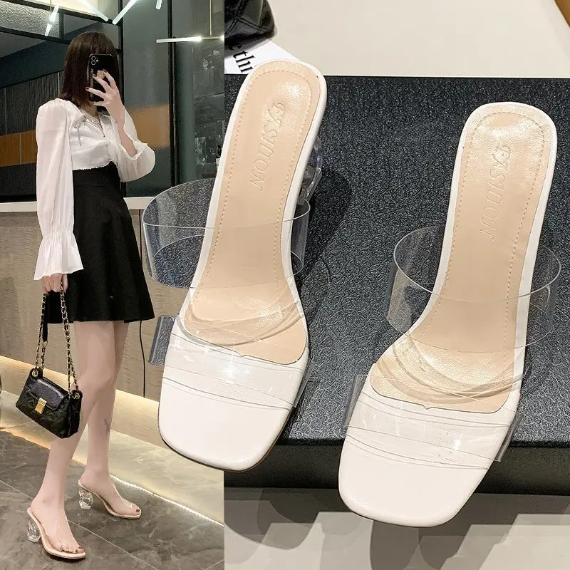 2021Summer New Design Transparent Sandal Crystal High Heels 7 cm PU Pure Color Sandal