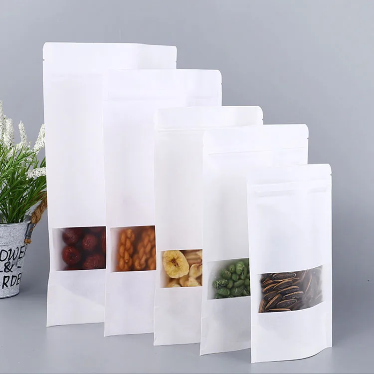 Factory Price Resealable Zip Lock White Kraft Paper Mylar Bags Snack Nuts Coffee Food Packaging Stand Up Pouch With Clear Window