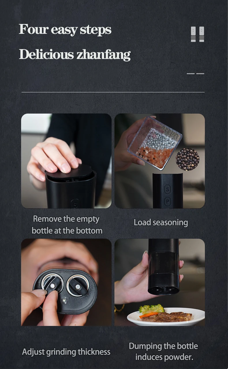 SP 2-in-1 salt& pepper grinder,  the LED indicator light is polished immediately, the translucent silo margin is clearly visible