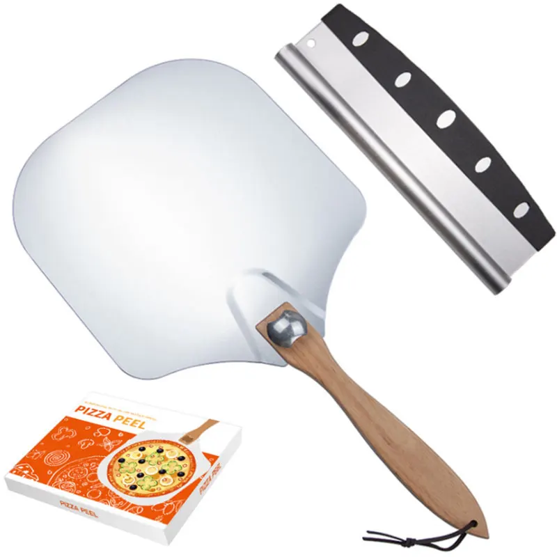 Food Grade Folding aluminum pizza Scraper Combination pizza machete wooden handle baking shovel Pizza transfer shovel