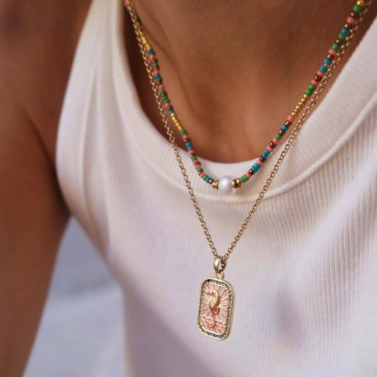 Colorful Tarot Necklace Square Zircon Pendant Necklace for Women Casual Jewelry Gift