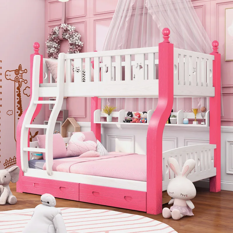 Wood Bunk Bed Pink Girl Princess Children Bed Baby Bed Bedroom Furniture Oak Wood Children's Room High Quality Thick Solid