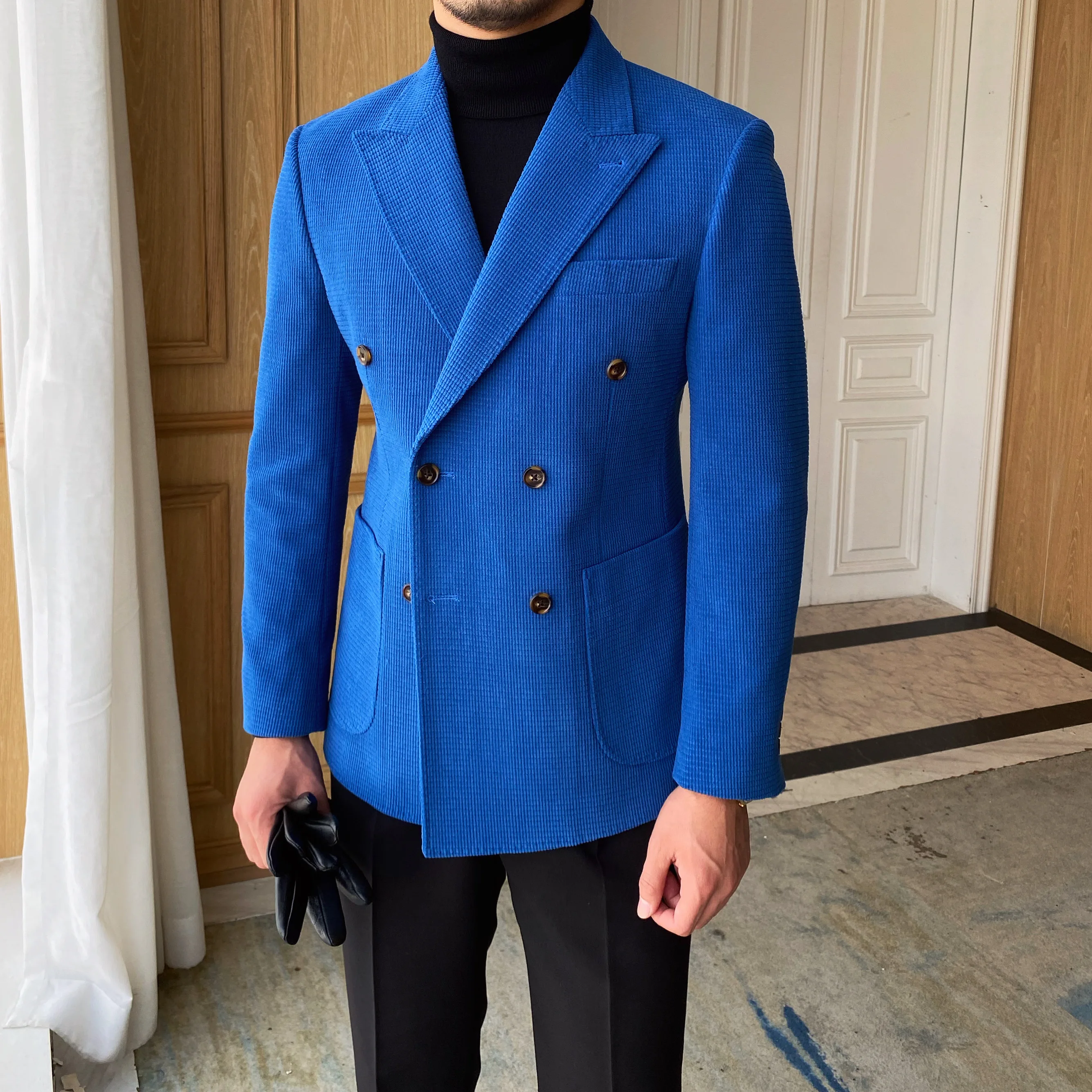 Autumn and winter Slim double-breasted suit jacket luxury corduroy leisure suit