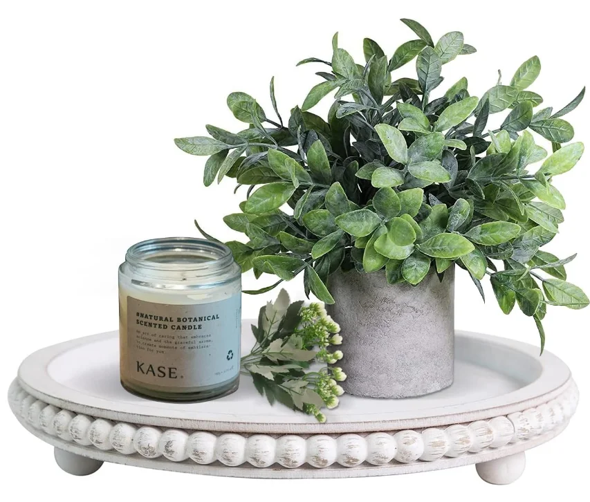 High Quality Wood Tray with Metal Handles White Wood Beaded Tray Decorative Round  Tray for Living Room Decor