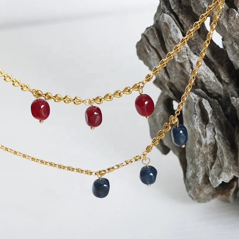 Colorful Turquoise Black Yellow Green Red Bead Dot Agate Necklace Stainless Steel Dot Beaded Agate Fashion Strand Necklace