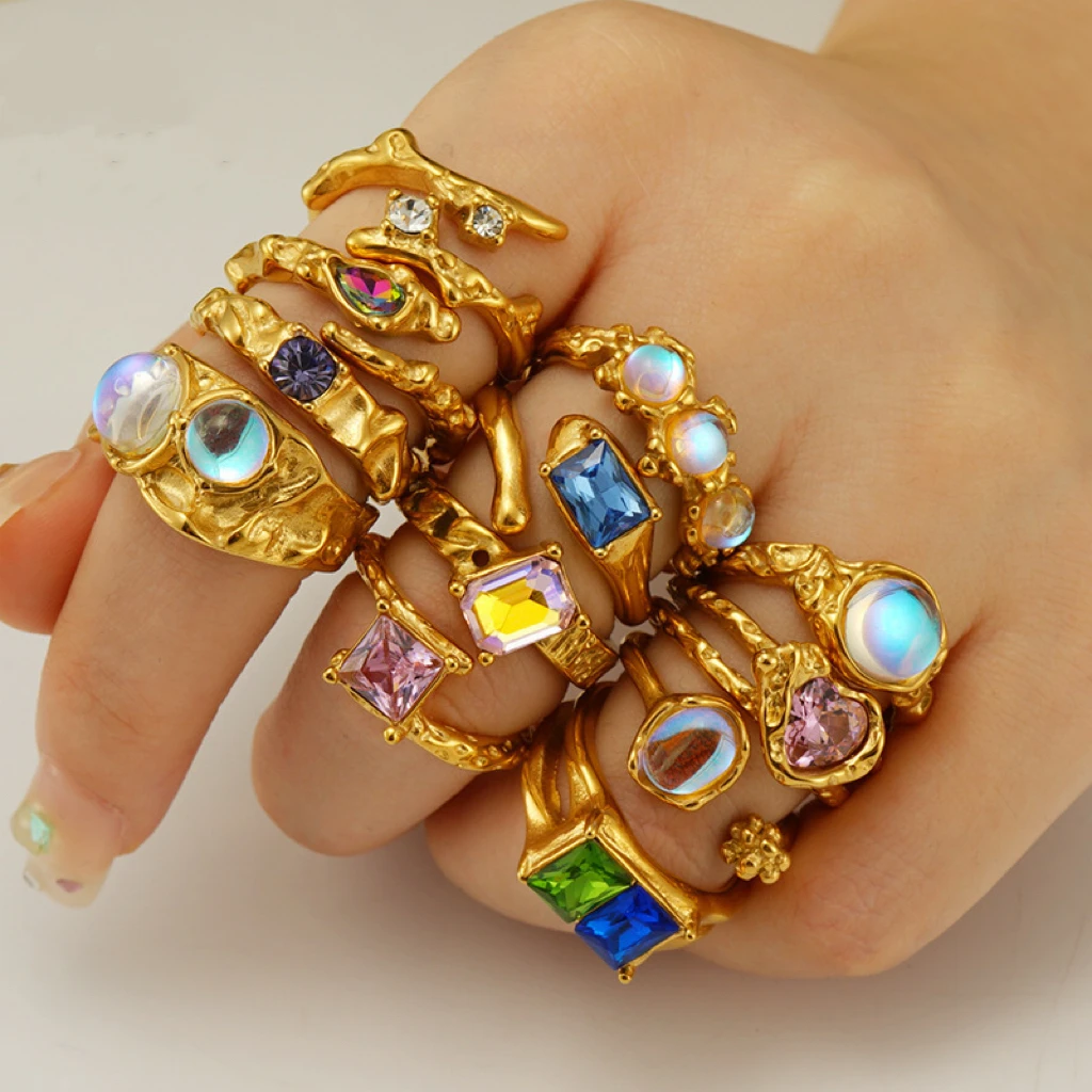 Tarnish free stainless steel gold plated Moonlight stone with irregular geometric lines opening rings