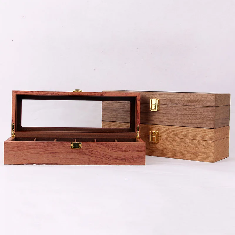 Высококлассный Деревянный кейс для наручных часов с 6 отделениями, верхняя стеклянная верхняя дизайнерская коробка для хранения ювелирных изделий