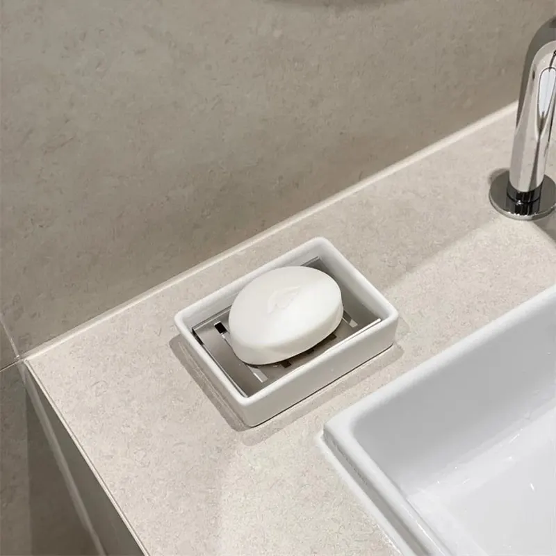 Black Ceramic Soap Dish Stainless Steel Soap Holder for Bathroom and Shower Double Layer Draining Soap Box