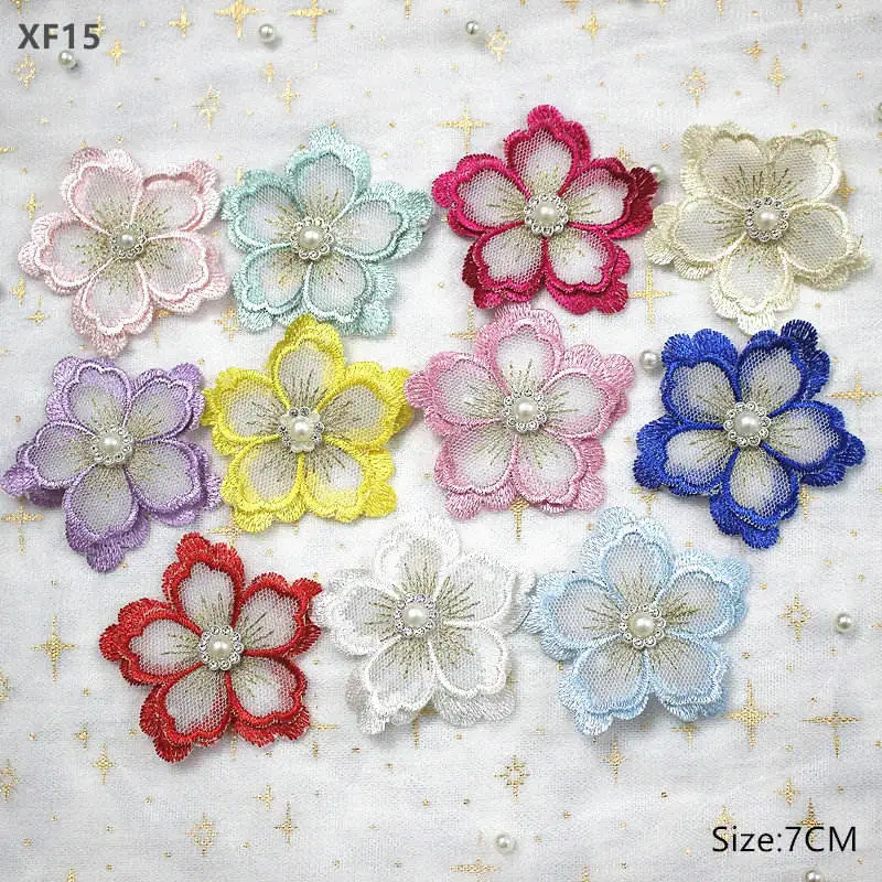 Factory supply 3D decorative flowers Multicolor pearl  lace appliques embroidered Voile fabric for woman clothes kids dress bag