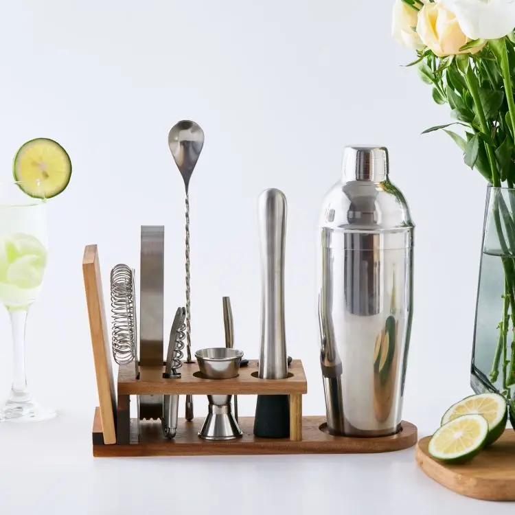 Good Price Bartender Kit Bar Cocktail Shaker Mixer Set with Stand Spoon Muddler Strainer Tong Pourer Jigger Corkscrew Board