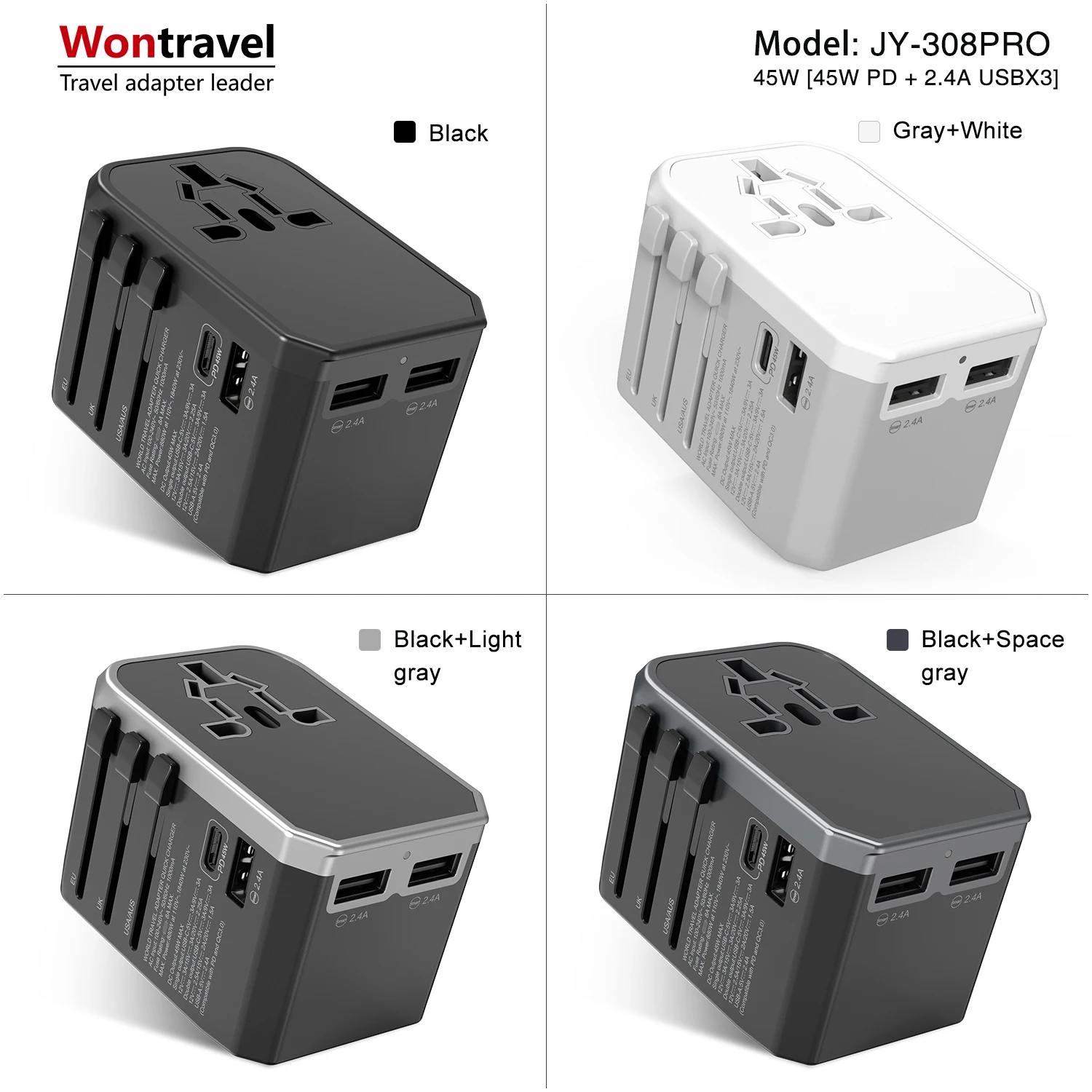 Universal Travel adapter plug Type C USB quick charger 45W PD adaptor power electrical plug outlet