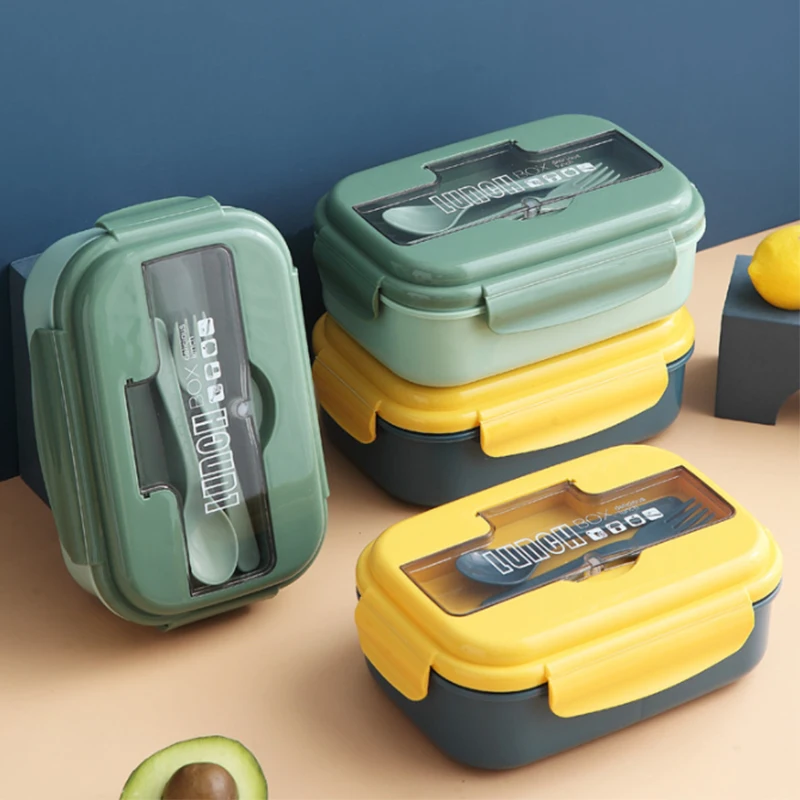 Детский Пластиковый Прямоугольный Ланч-бокс bento с 2 отделениями и столовыми приборами