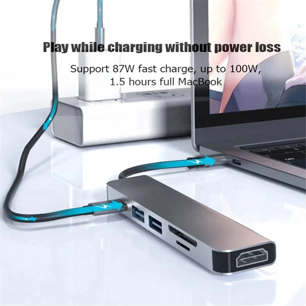 6 in1 USB Type C Hub Adapter with 4K HDMI Multiport Card Reader USB3.0 TF PD SD Reader All In One For PC Computer Accessories