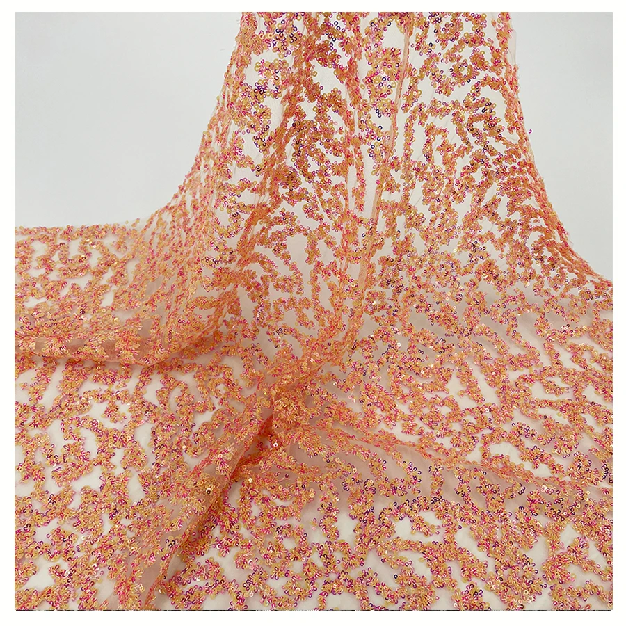 Удобная оранжевая сетчатая Свадебная кружевная ткань с блестками и вышивкой для свадебного платья