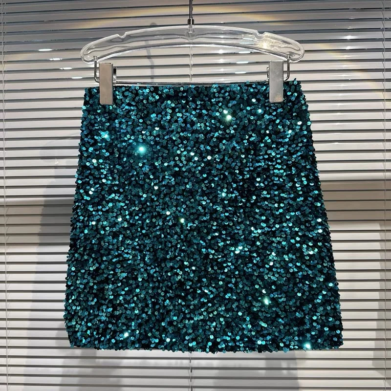 OUDINA Hot Sale Wholesale Nightclub Crystal Rhinestones Sequined Shiny Short Skirt Sequin Mini Ladies Skirts
