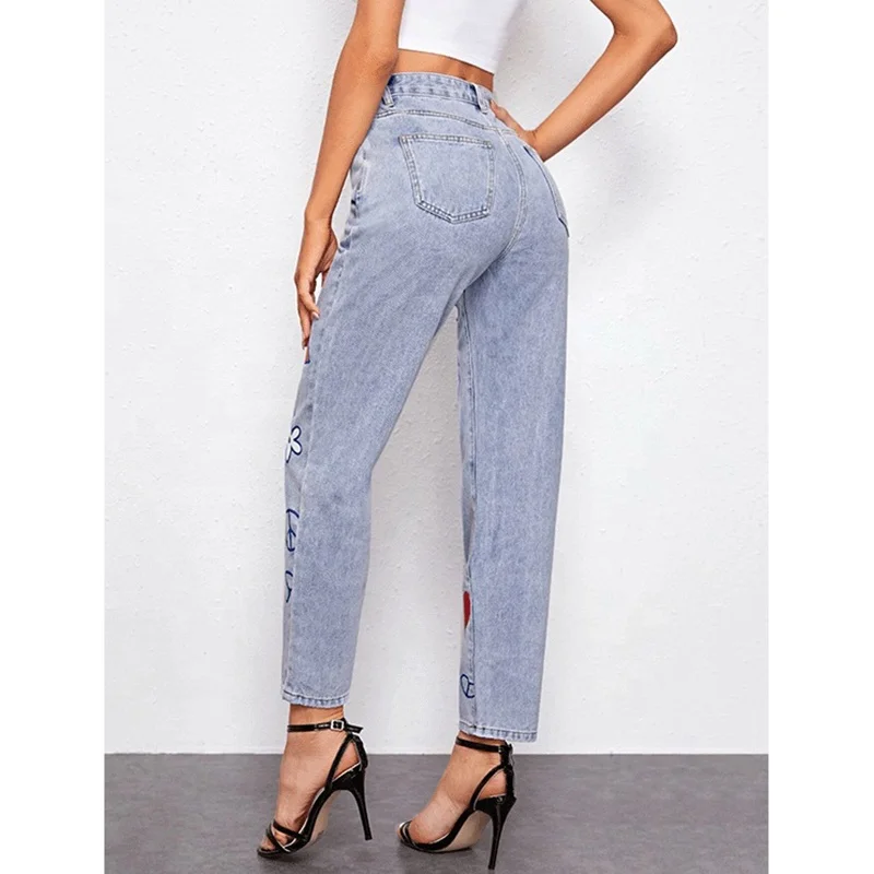 NVFelix 2022 Spring New Style Ladies Personalize Cute Colorful Daisy Paint Mom Jeans