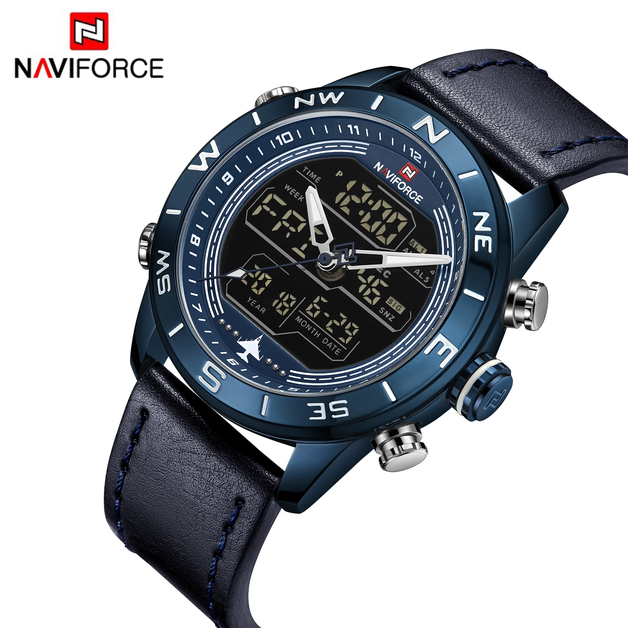 
2020 naviforce 9144 quartz analog digital watches OEM design water resistant led digital leather western wrist watch for man 