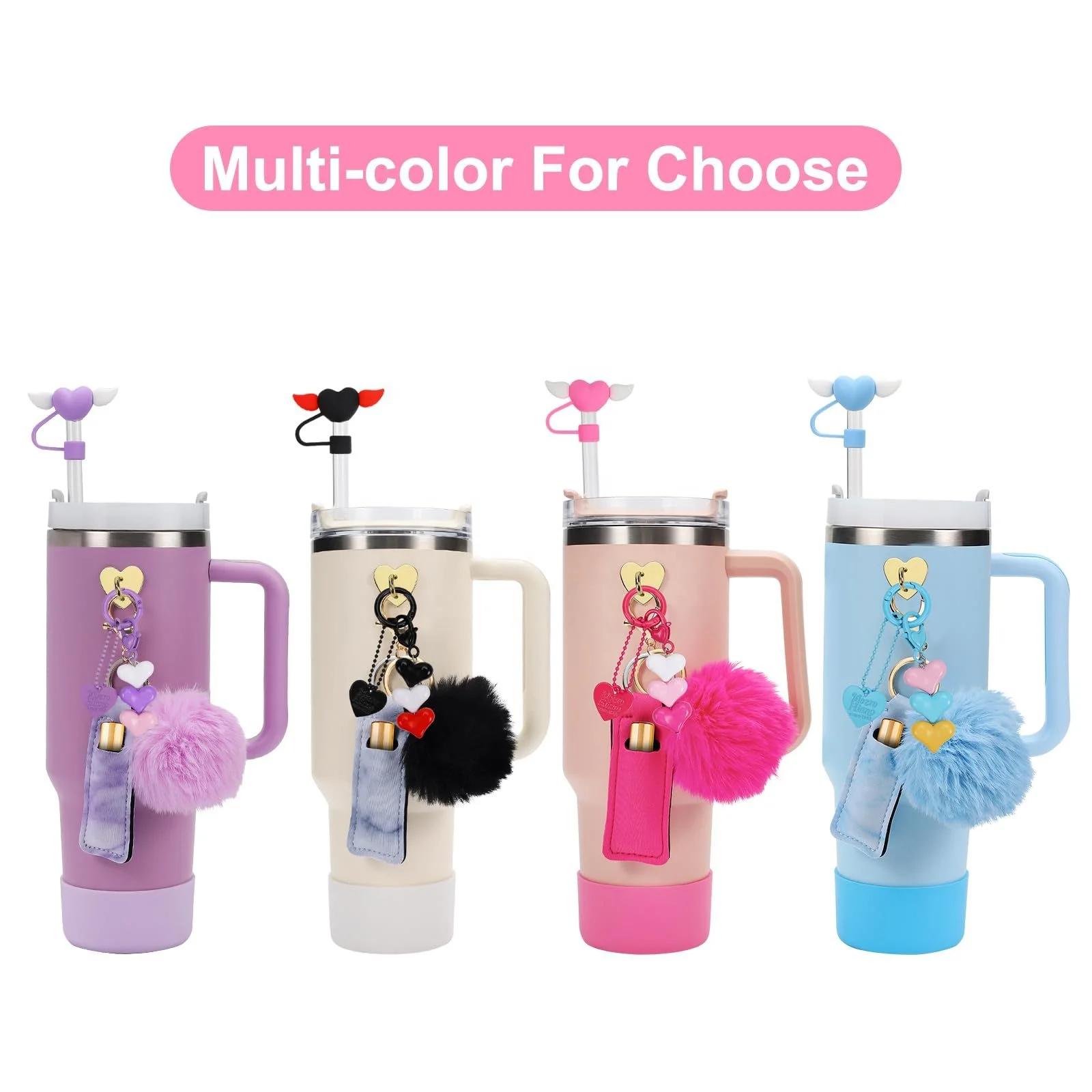 Tumbler Topper Accessories Set 1Pcs Lipstick Holder Love Straw Lid Cup Cover Colorful Imitation Rabbit Fur Ball Pendant
