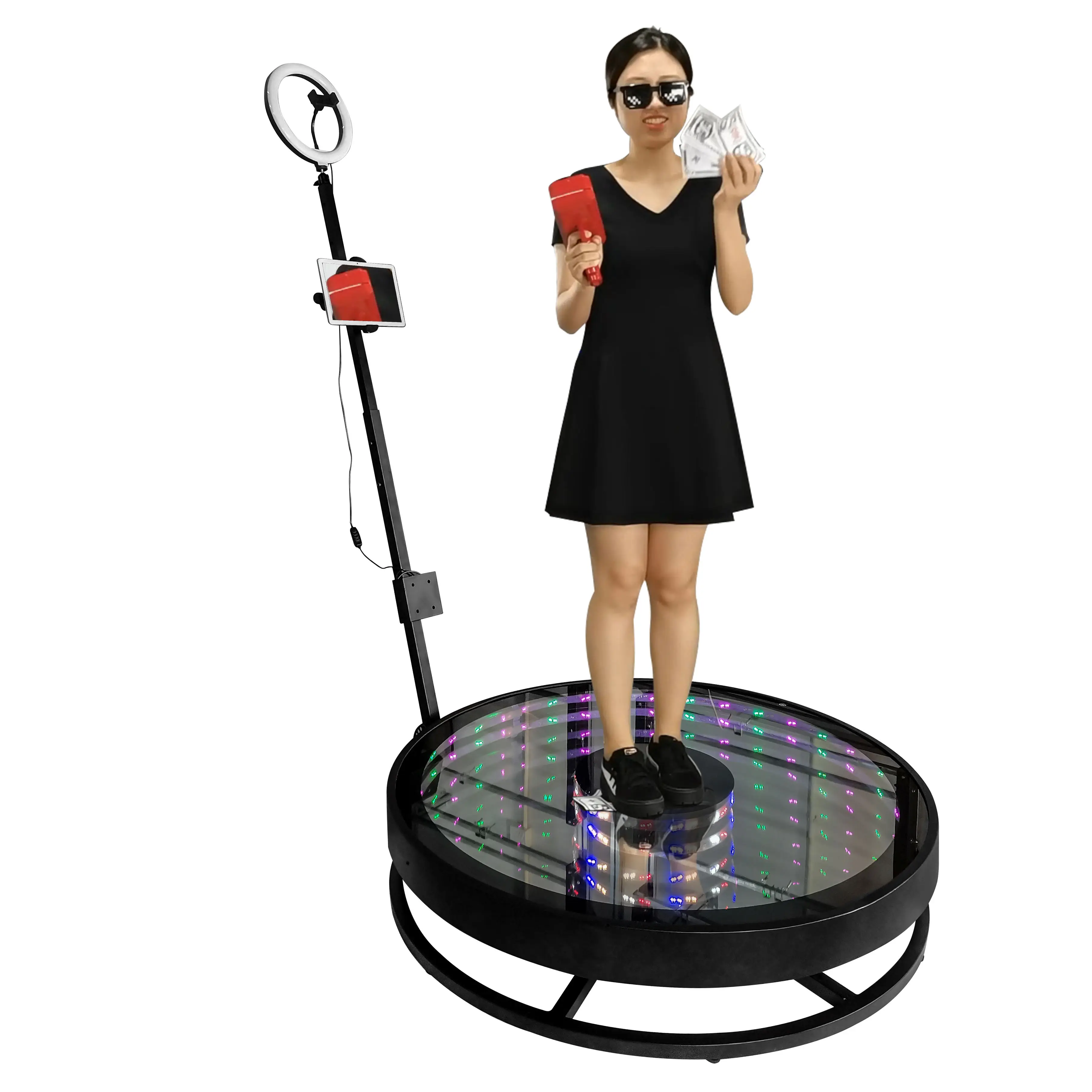 2022 hot sale new designed tempered glass 115cm diameter metal base photo booth automatic rotated 360 degree video booth