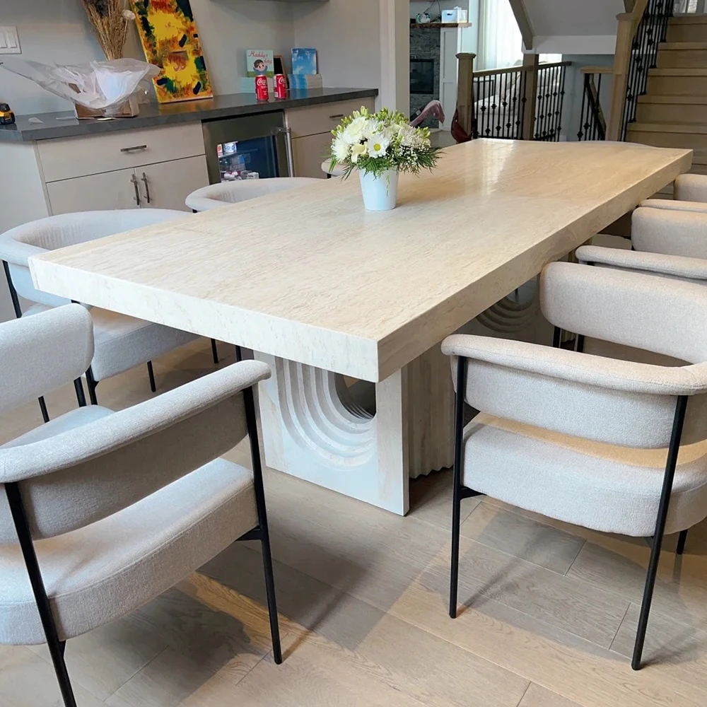 Custom Household White Travertine Marble Italian Dining Table Natural Stone Rectangle Travertine White Mable Dining Table