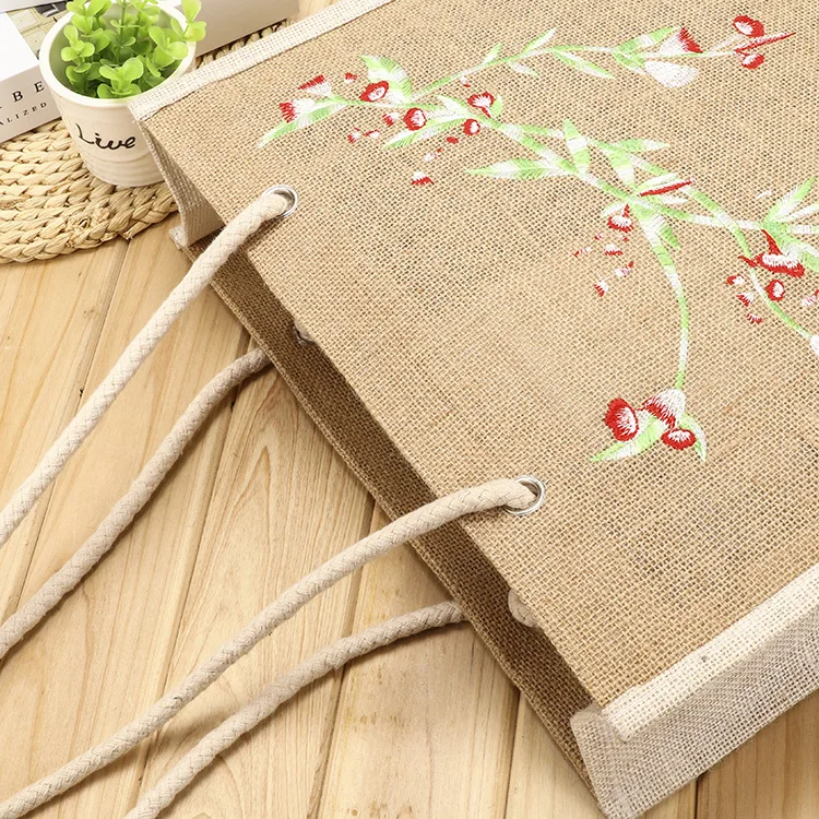 YIMYIK Natural Burlap Handbag Embroidered Printed Jute Bag with Reusable Jute Bag Laminated Handle