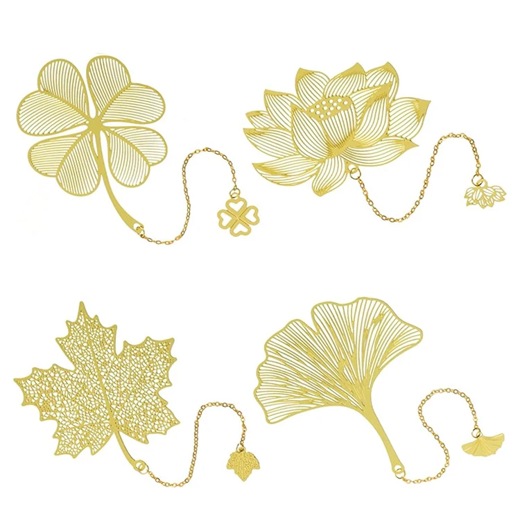 Promotional High Quality Metal Brass Or Zinc Alloy 24k Gold Plating Engraved Logo Hollowout Leaf Metal Bookmark