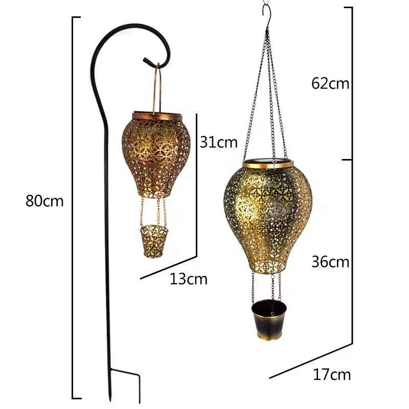 Solar Hot Air Balloon Lanterns Outdoor Waterproof Metal Wrought Iron Hanging Solar Garden Landscape Decor Light Lawn Lamp