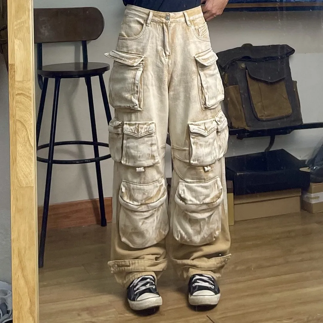 Bomblook C1016PT01 Winter Tie Dye Denim Wide Leg Jeans Cargo Jeans Women High Quality Denim Pants With Pockets Women