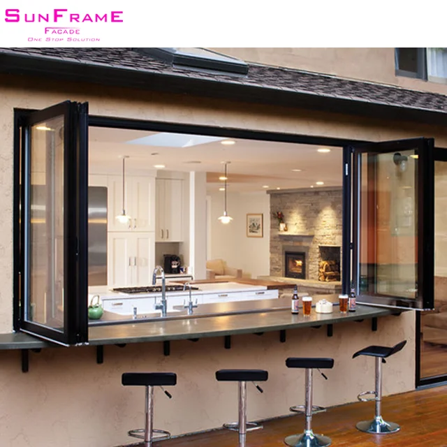 white frame interior kitchen aluminium sliding accordion folding casement glass window mosquito gauze for apartment coffee shop