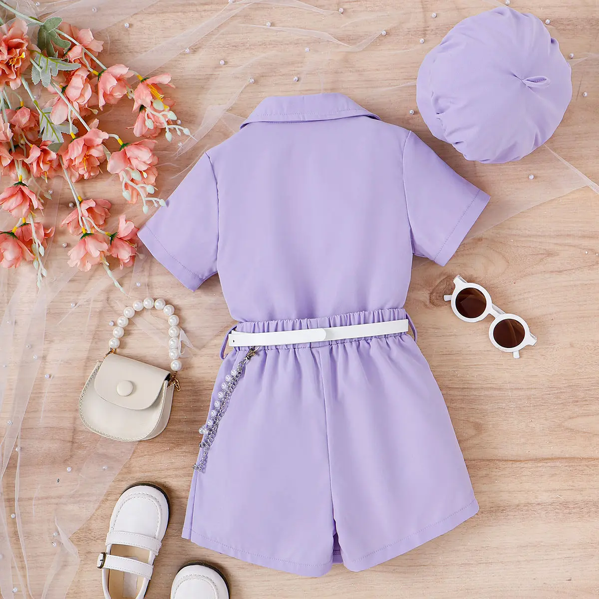 4-7Y Fashion 2023 Summer Kids Outfit Solid Short Sleeve Single Breasted Shirts+Pleated Skirts+Hat 3Pcs Girls Clothing Sets