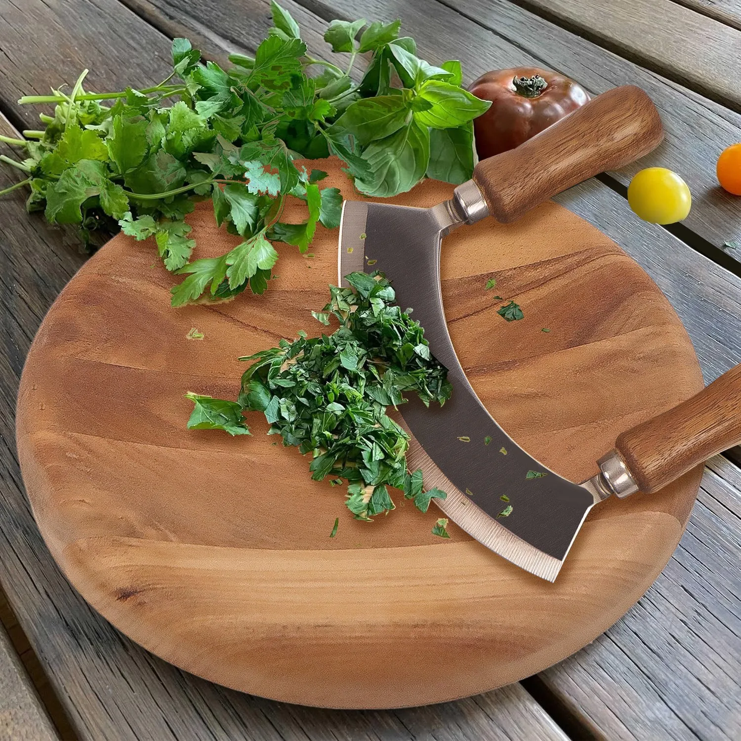 Double Blade Chopping Knife Pizza Cutter Rocker Knife with Stand Salad Chopper Mincing Knife Stainless Steel