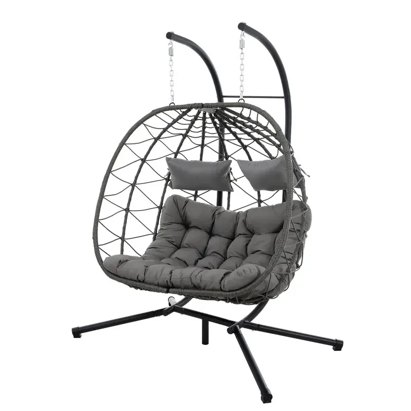 Nest Swing Chair Factory wholesale Unique design PE Wicker Rattan double folding Nest Swing Chair with Stand and Cushion
