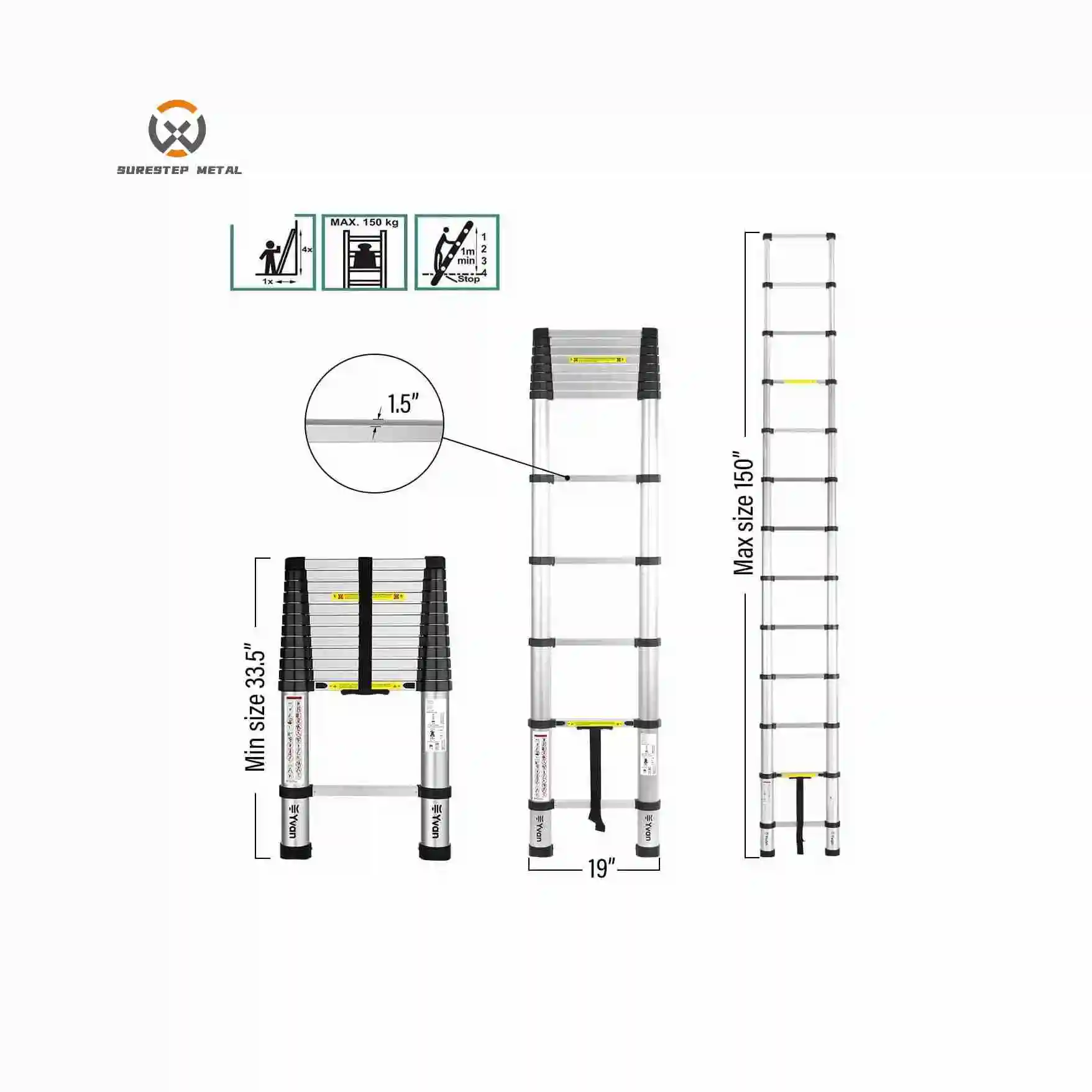 Portable Aluminum Telescopic Stair Ladder Material Thickness 1.5mm Max Loading 150kgs
