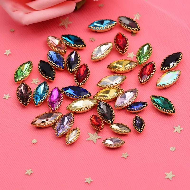 Hot Sale Popular Marquise Rhinestone with Golden Lace Claw Sew On Glass Gem Stone for Jewelry Making Garment
