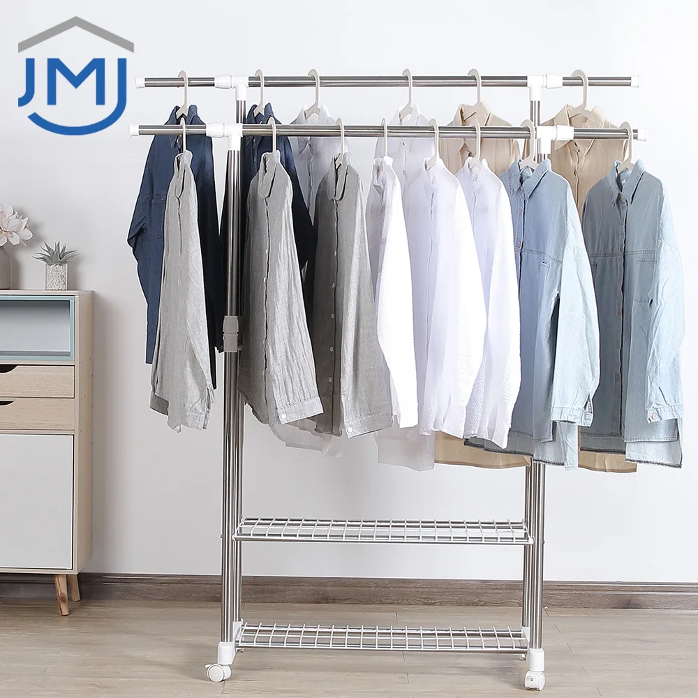 2021 OEM Custom Clothes Stand Hanger with Wheels Stainless Steel Clothes Rack