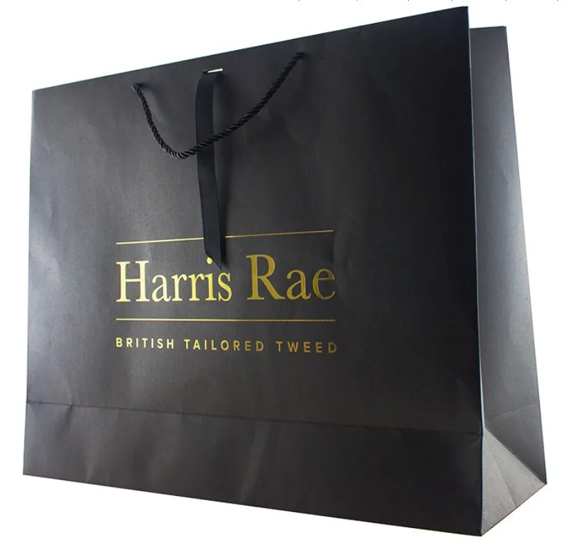 Wholesale Black Paper Bag For Clothing Gift Paper Bag Hot Gold Stamping Portable Black Kraft Shopping Packaging