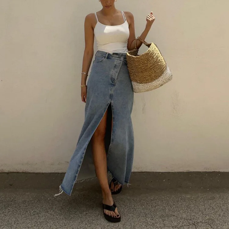 Vintage Vacation Elegant High Waist Maxi Jeans Skirt Bottom High Slit Loose Casual Chic Long Denim Skirts For Women