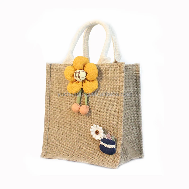 Professional Customizing Women Girls Reusable Shopping Handbag Creative Handle Decoration  DIY Burlap Tote Bags Jute